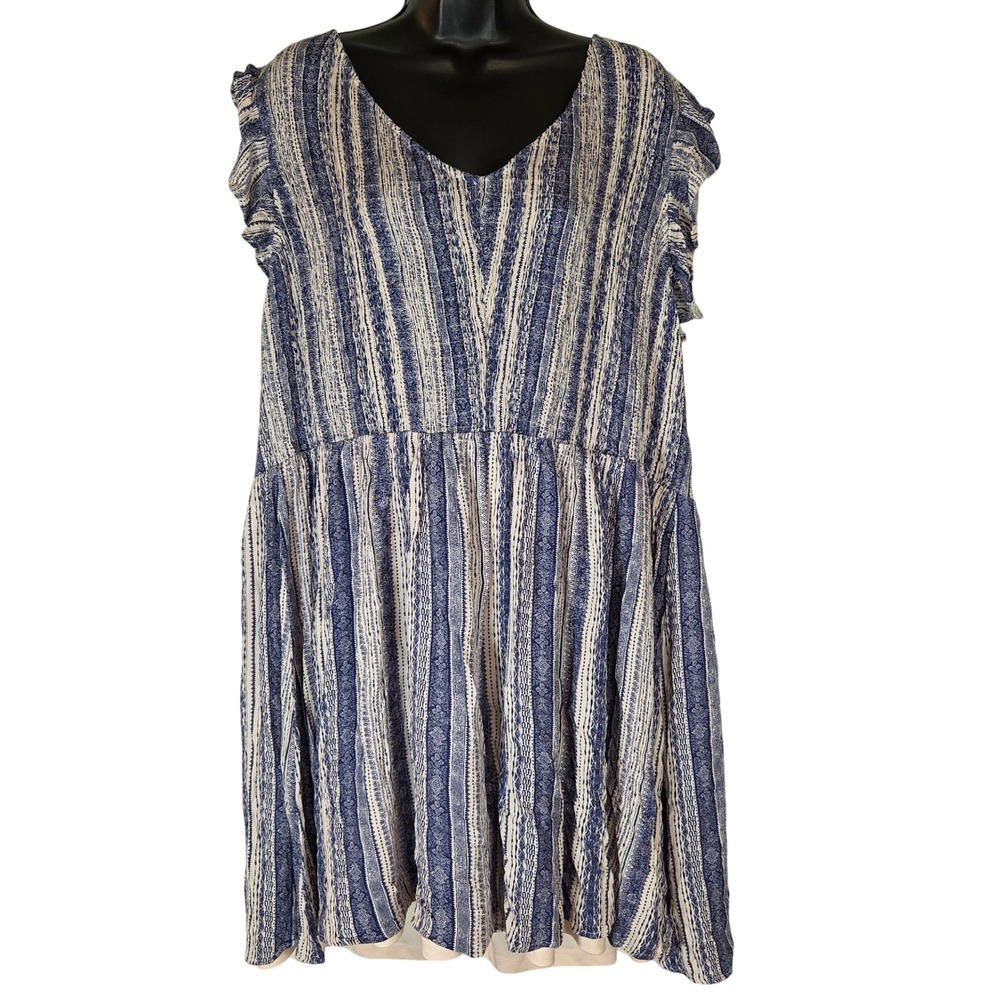 A Beautiful Soul Striped Dress Ruffle Sleeve Casual V‎ Neck Blue Size C (XL)